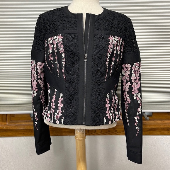 BCBGMaxAzria Jackets & Blazers - L // BCBGMaxazria Black and Pink Floral Lace Tarik Zip Up Moto Jacket